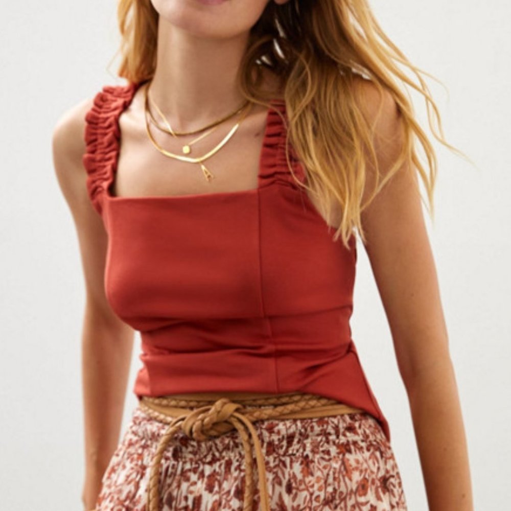 Ruffled Square Neck Tank, Porridge, Size Small, Red